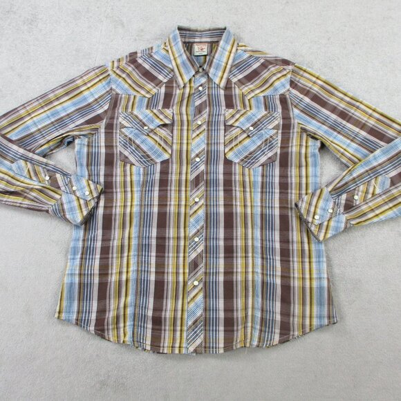 True Religion Shirt Mens 3XL Brown Blue Plaid Pearl Snap Button Western Pockets - Picture 1 of 11